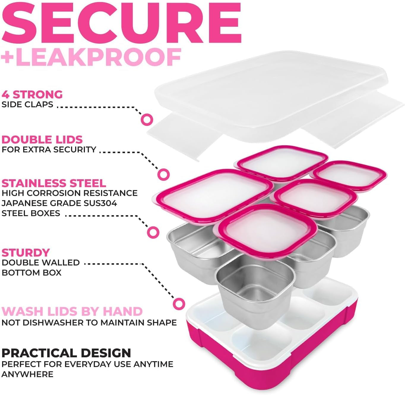 Stainless Steel Bento Lunch Box Set for Adults, Kids - Insulated Bag and Ice Pack - Leak-Proof Metal Compartment Meal Prep Food & Snack Containers for Work Travel School Daycare, 34 Oz Pink