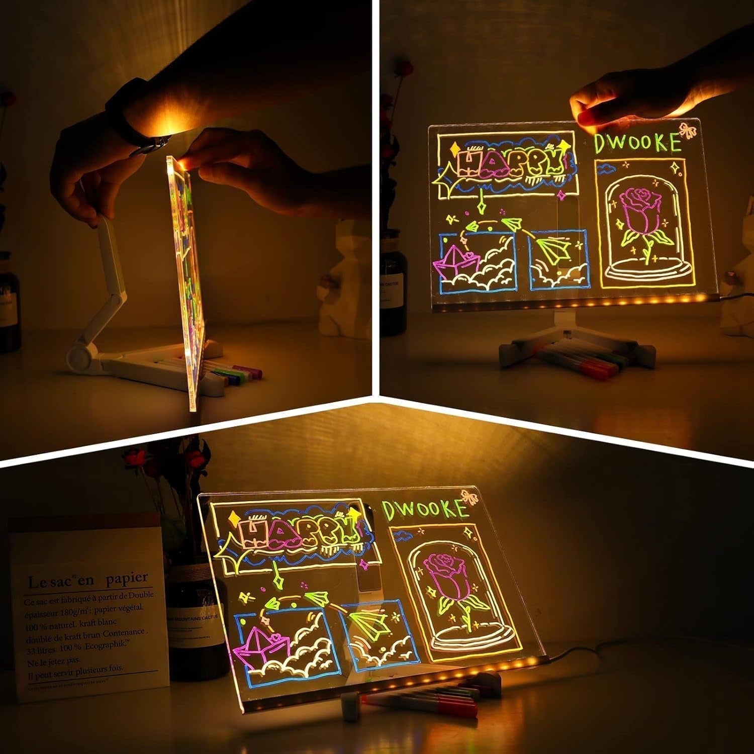 2025 LED Note Board with 7 Colors Pen,Magic Note Board Glowing Acrylic Message Marker Board with Light,Led Illuminated Drawing Board Light up Dry Erase Board with Stand for Office School Home 8 * 8In