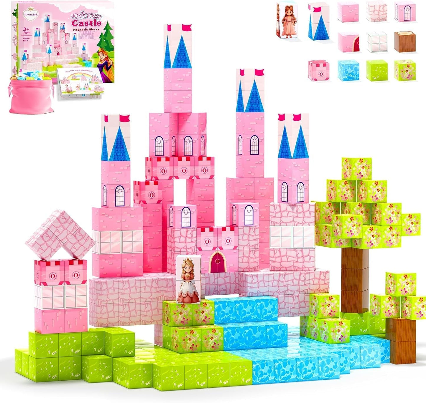 64 Pcs Magnetic Blocks-Princess Castle Collection World,Magnetic Building Blocks for 3+ Year Old Boys & Girls, Creative STEM Sensory Toys,Christmas Birthday Gifts for Kids Ages 3-8