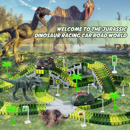 Dinosaur Toys, 252 PCS Create a Dinosaur World Road Race Tracks, Flexible Track Playset, 2Pcs Dinosaur Car for 3 4 5 6 Year Old Boys Girls Birthday Party Favor Gift